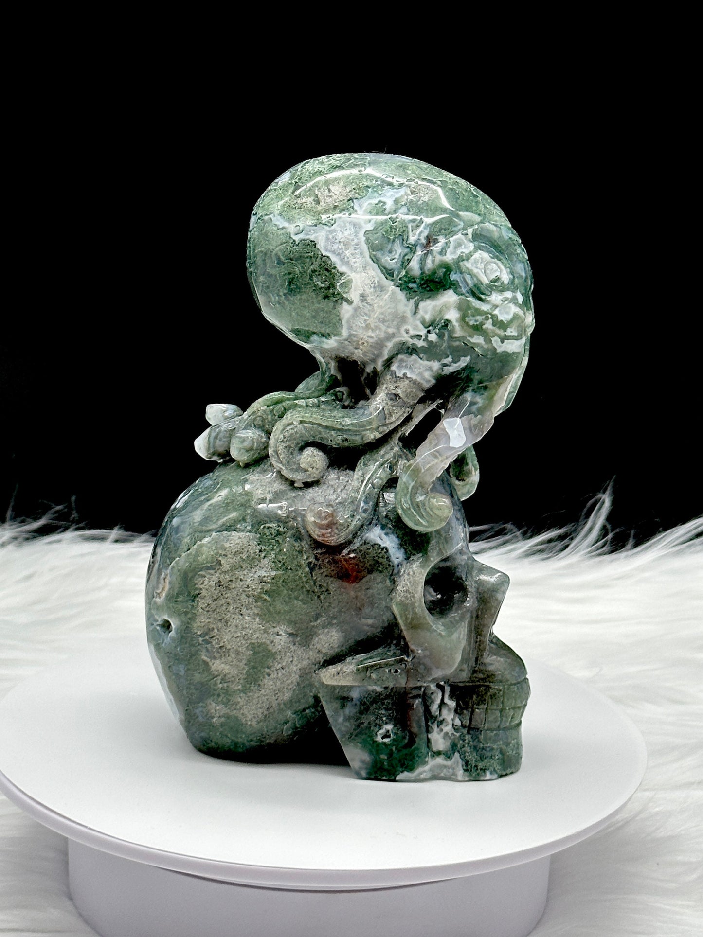 Moss Agate Skull with Octopus - Moss agate skull - Moss agate carvings - 9 inches