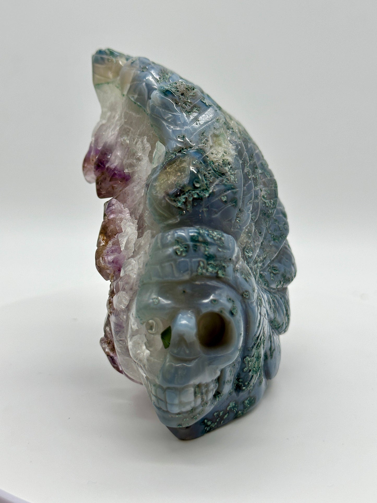 Moss Agate Amethyst Geode Skull | Moss agate Indian skull  | Amethyst cluster skull | Crystal skull carving