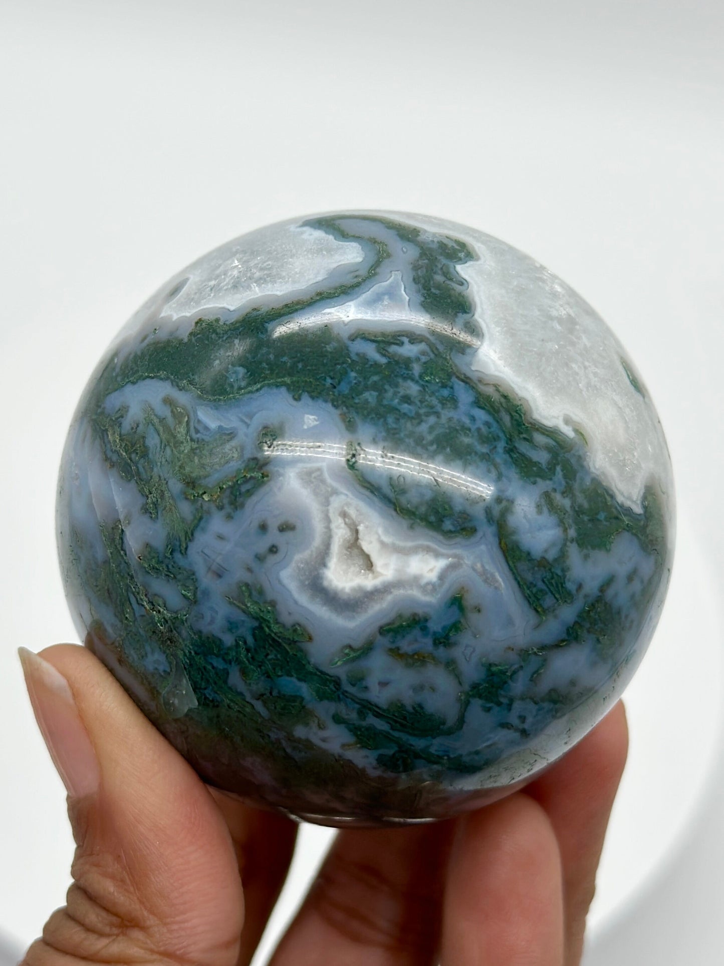 Blue Moss Agate Sphere with druzy, Natural Moss Agate Crystal Sphere, Quartz Crystal Ball, Home Decoration, Reiki Healing, Crystal Gifts