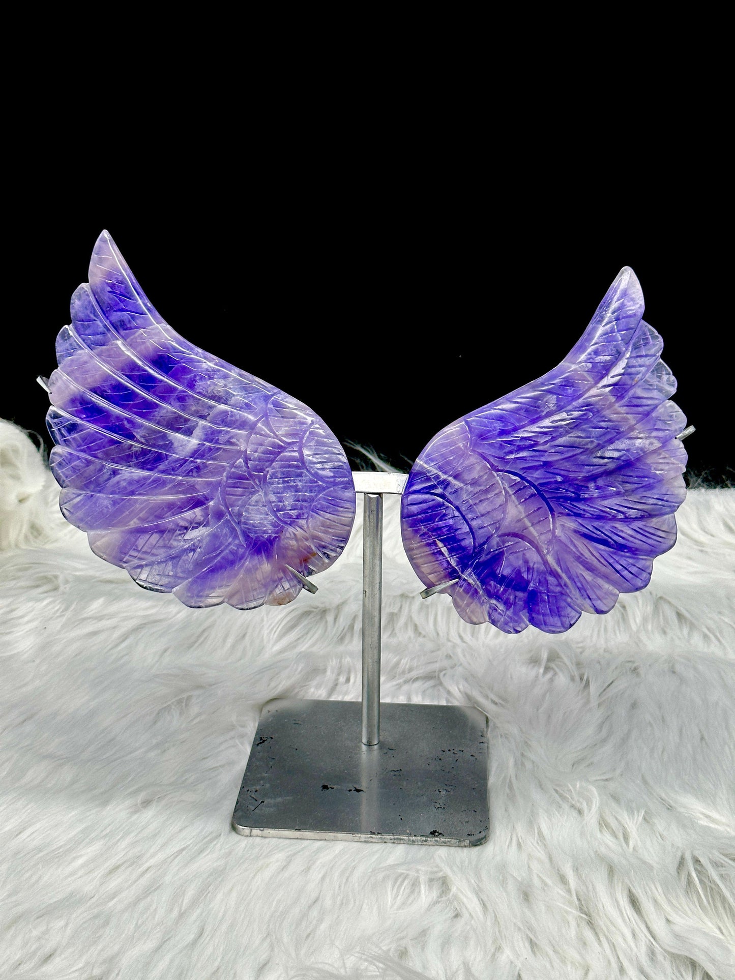 Large Fluorite Wings on Stand, Purple Fluorite angel wings on stand.