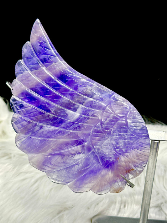 Large Fluorite Wings on Stand, Purple Fluorite angel wings on stand.