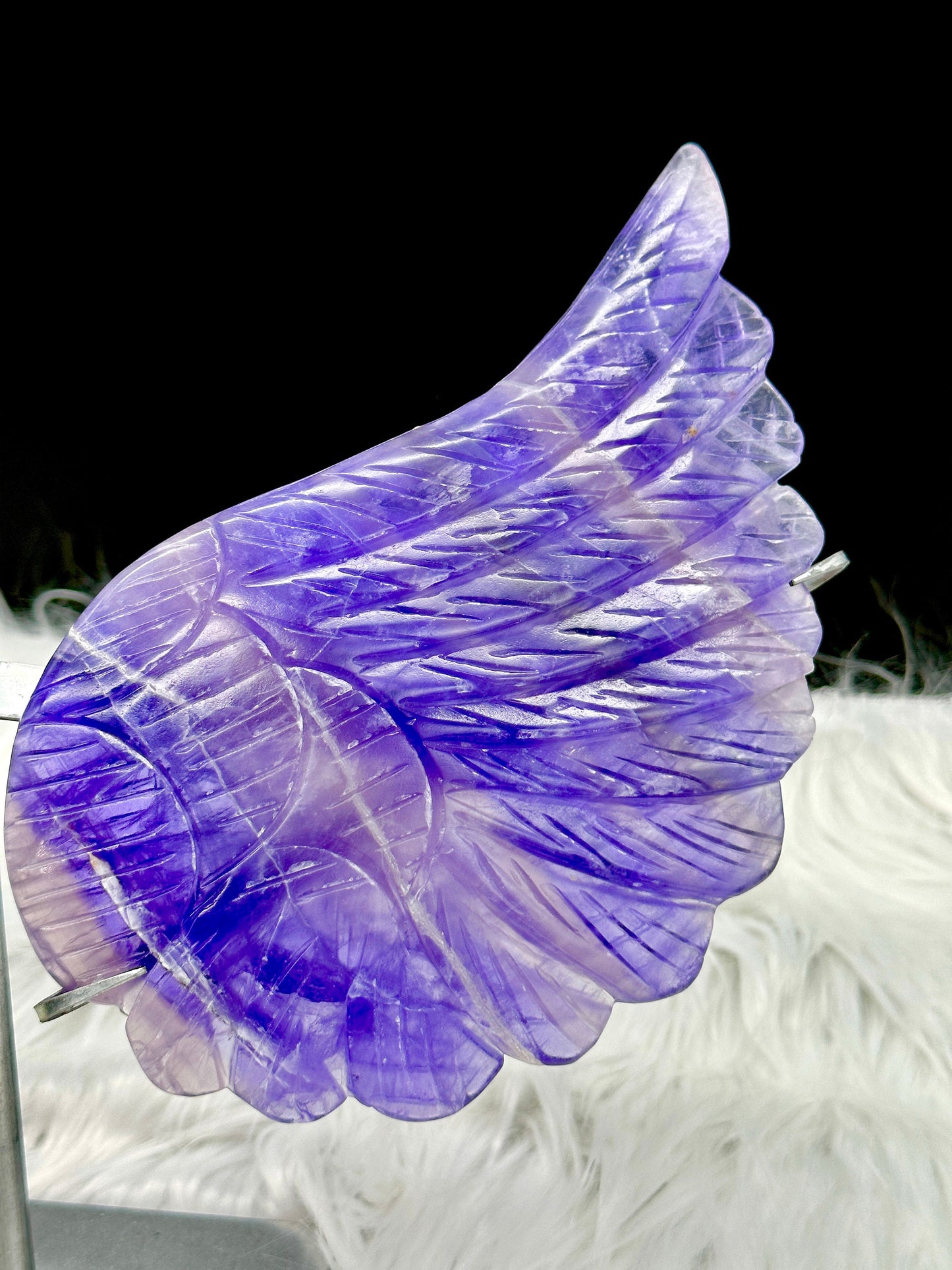 Large Fluorite Wings on Stand, Purple Fluorite angel wings on stand.