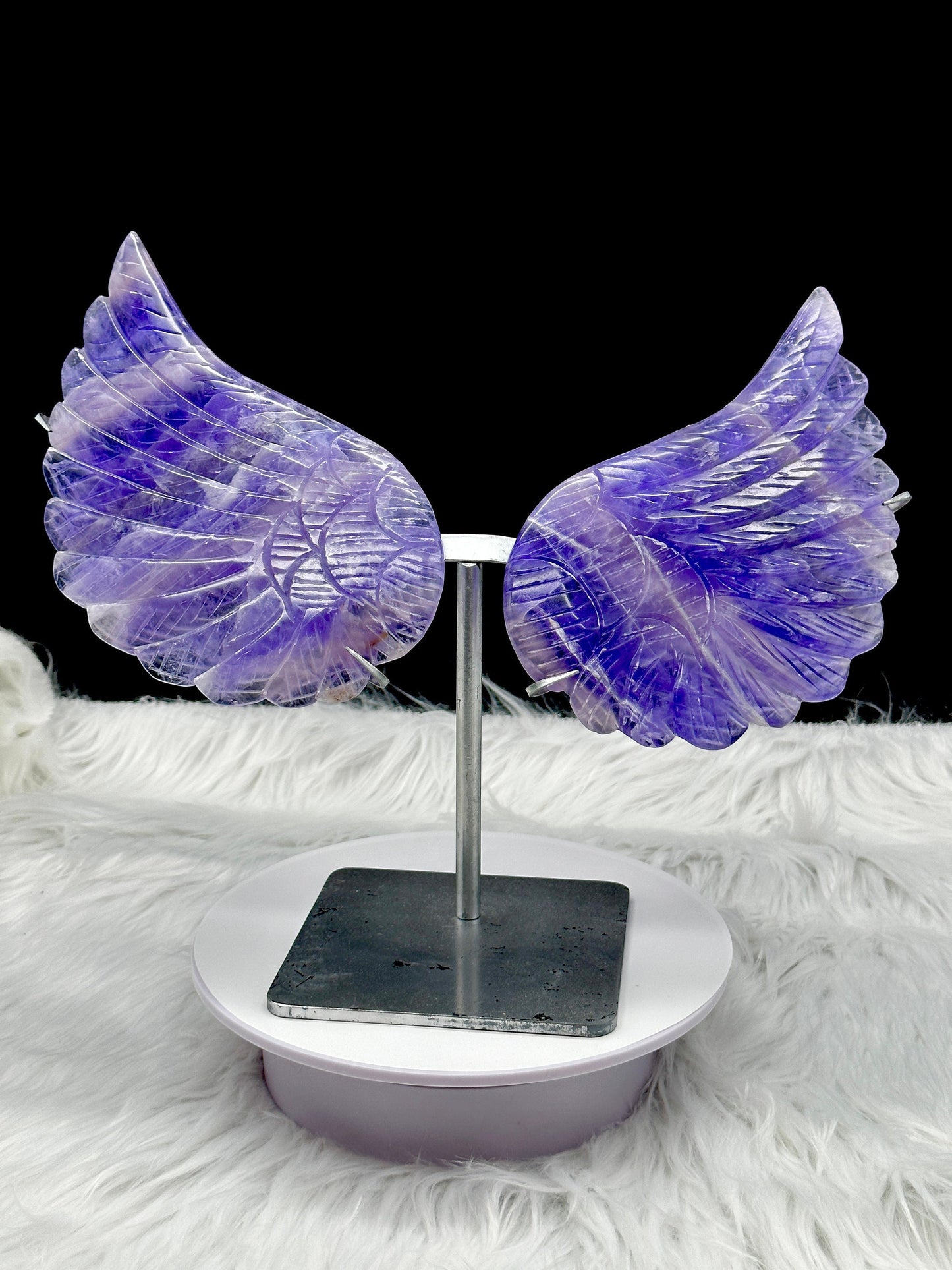 Large Fluorite Wings on Stand, Purple Fluorite angel wings on stand.