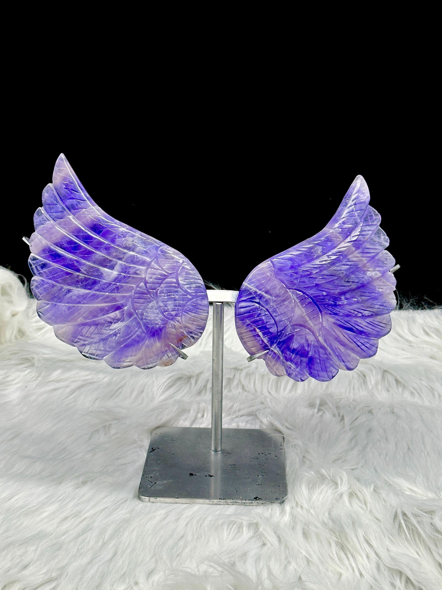 Large Fluorite Wings on Stand, Purple Fluorite angel wings on stand.