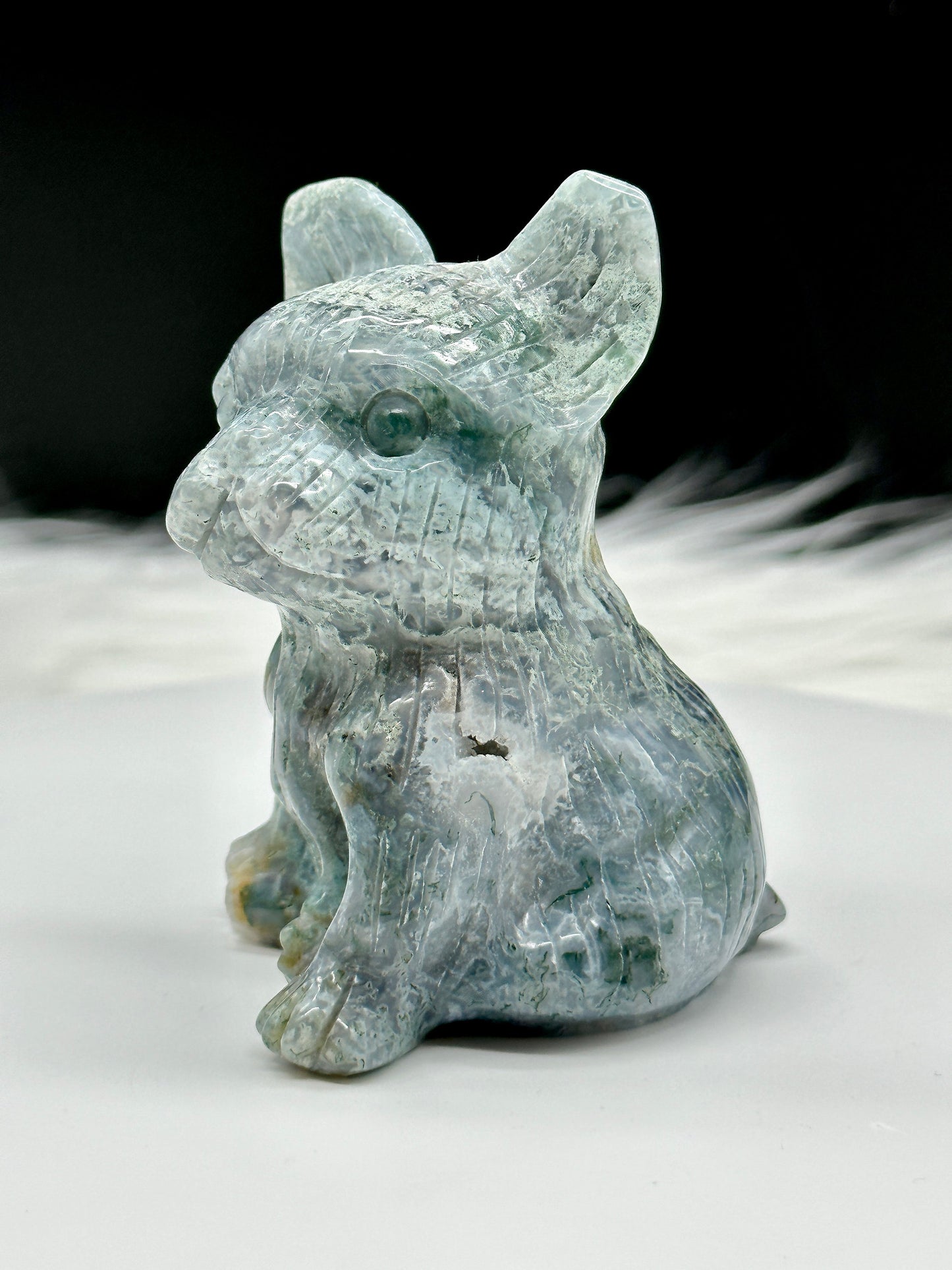 Moss Agate French Bull Dog Carving, Moss Agate Dog, Moss Agate Frenchie French Bulldog Dog Carving,Metaphysical Healing and Home Decor