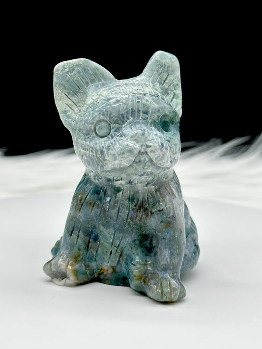 Moss Agate French Bull Dog Carving, Moss Agate Dog, Moss Agate Frenchie French Bulldog Dog Carving,Metaphysical Healing and Home Decor