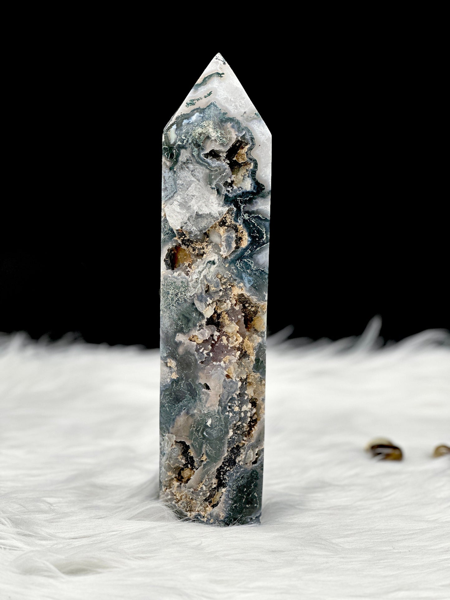 XL Druzy Blue Moss Agate Tower , Moss Agate Point