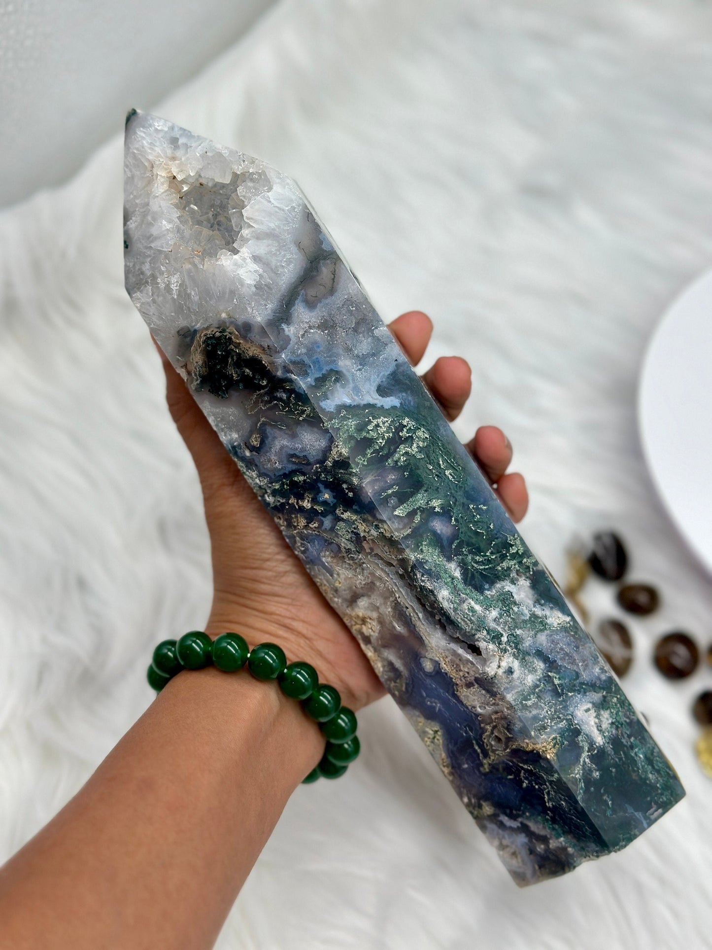 XL Druzy Blue Moss Agate Tower , Moss Agate Point