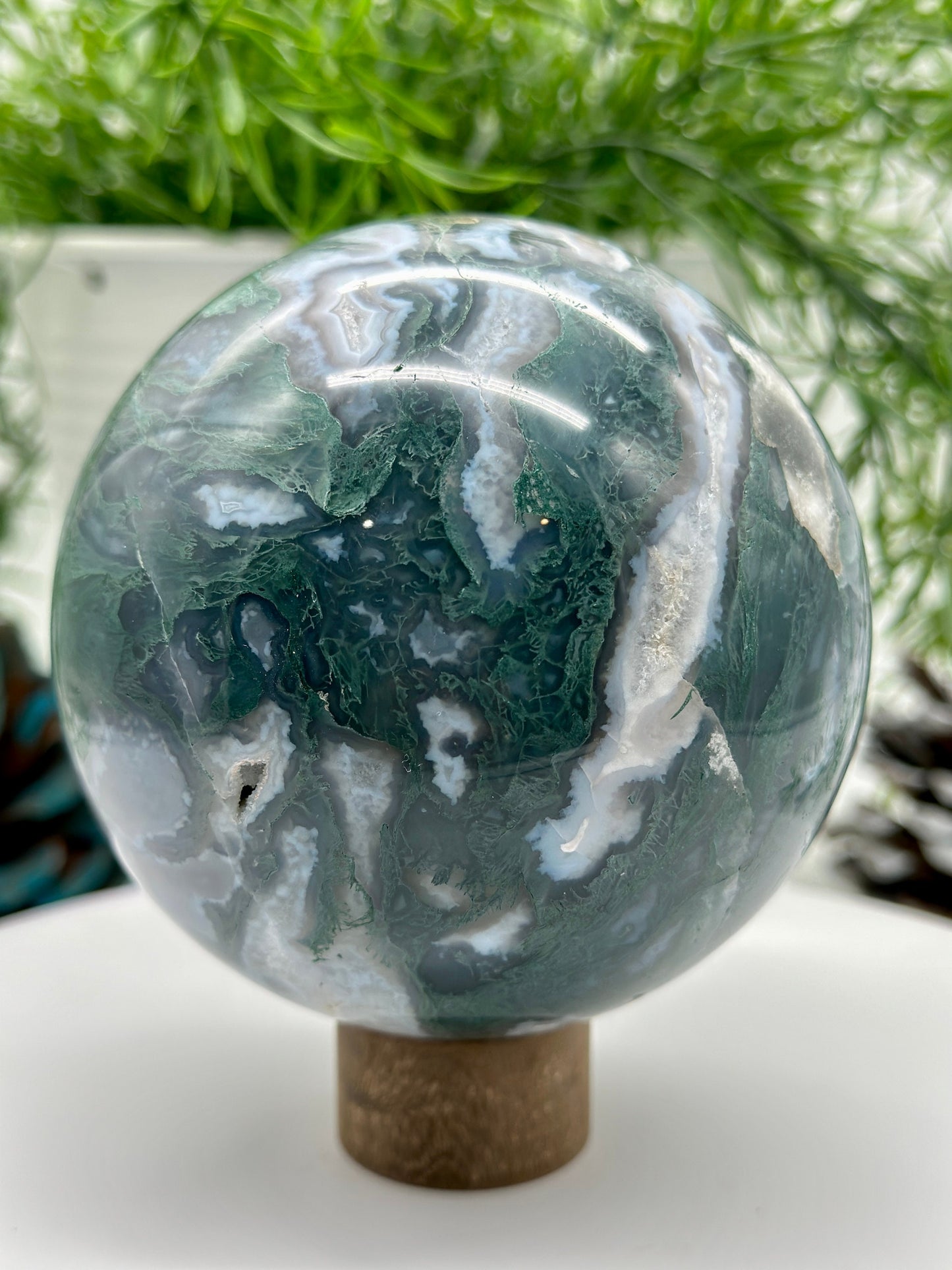 Large Moss Agate Sphere with Druzy, Natural Moss Agate Sphere, 1.2Kg and 105mm diameter