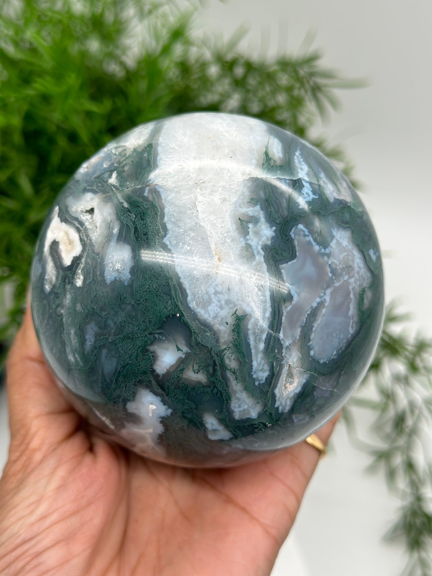 Large Moss Agate Sphere with Druzy, Natural Moss Agate Sphere, 1.2Kg and 105mm diameter