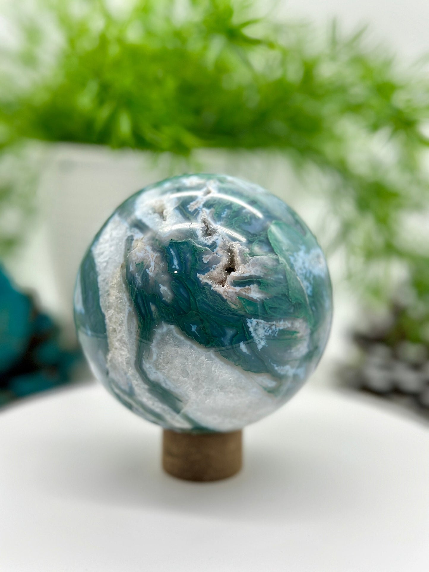 Large Moss Agate Sphere with Druzy, Natural Moss Agate Sphere, 1.2Kg and 105mm diameter