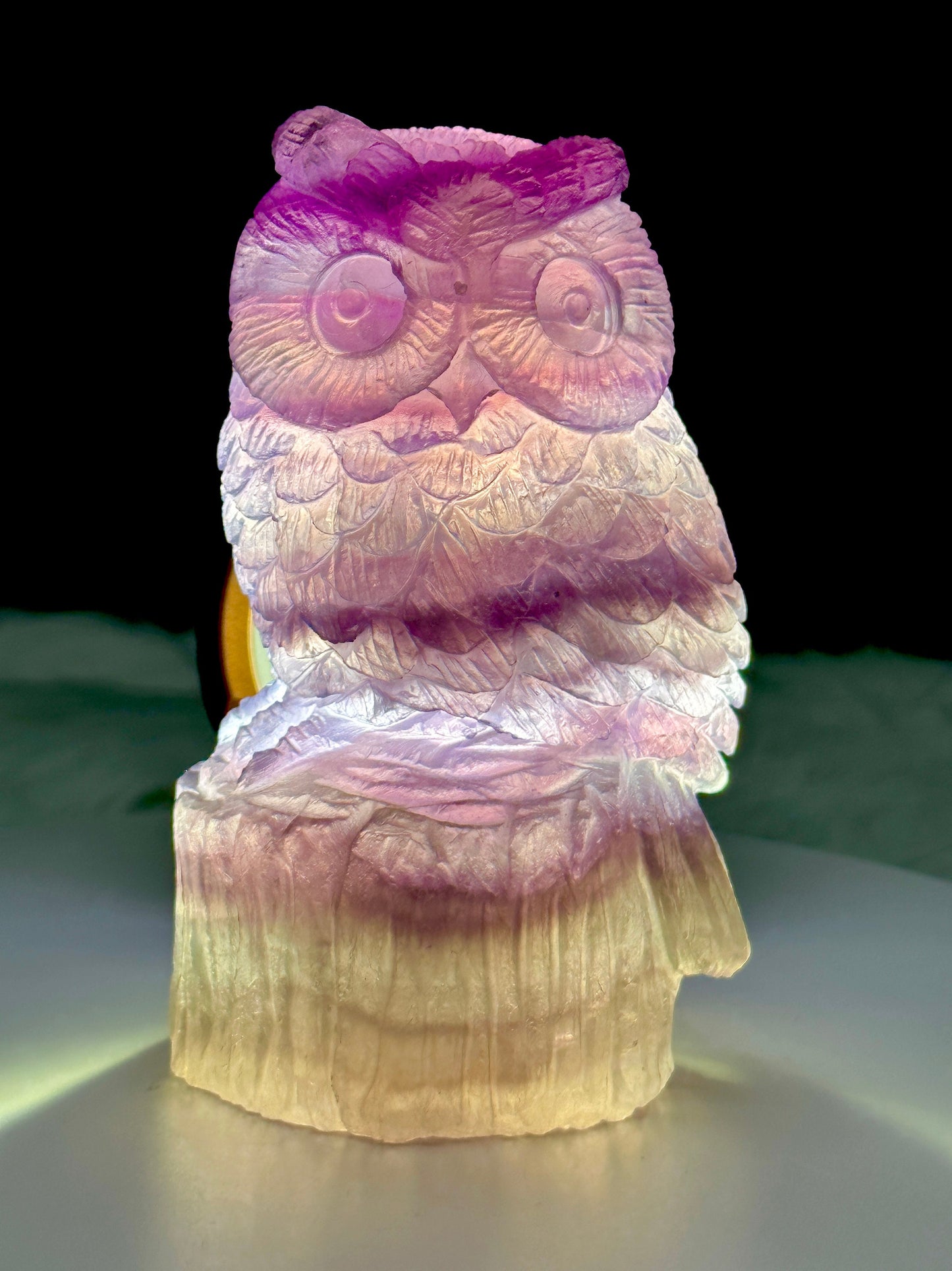 Handcarved gemstone natural purple fluorite crystal owl figurine animal carving