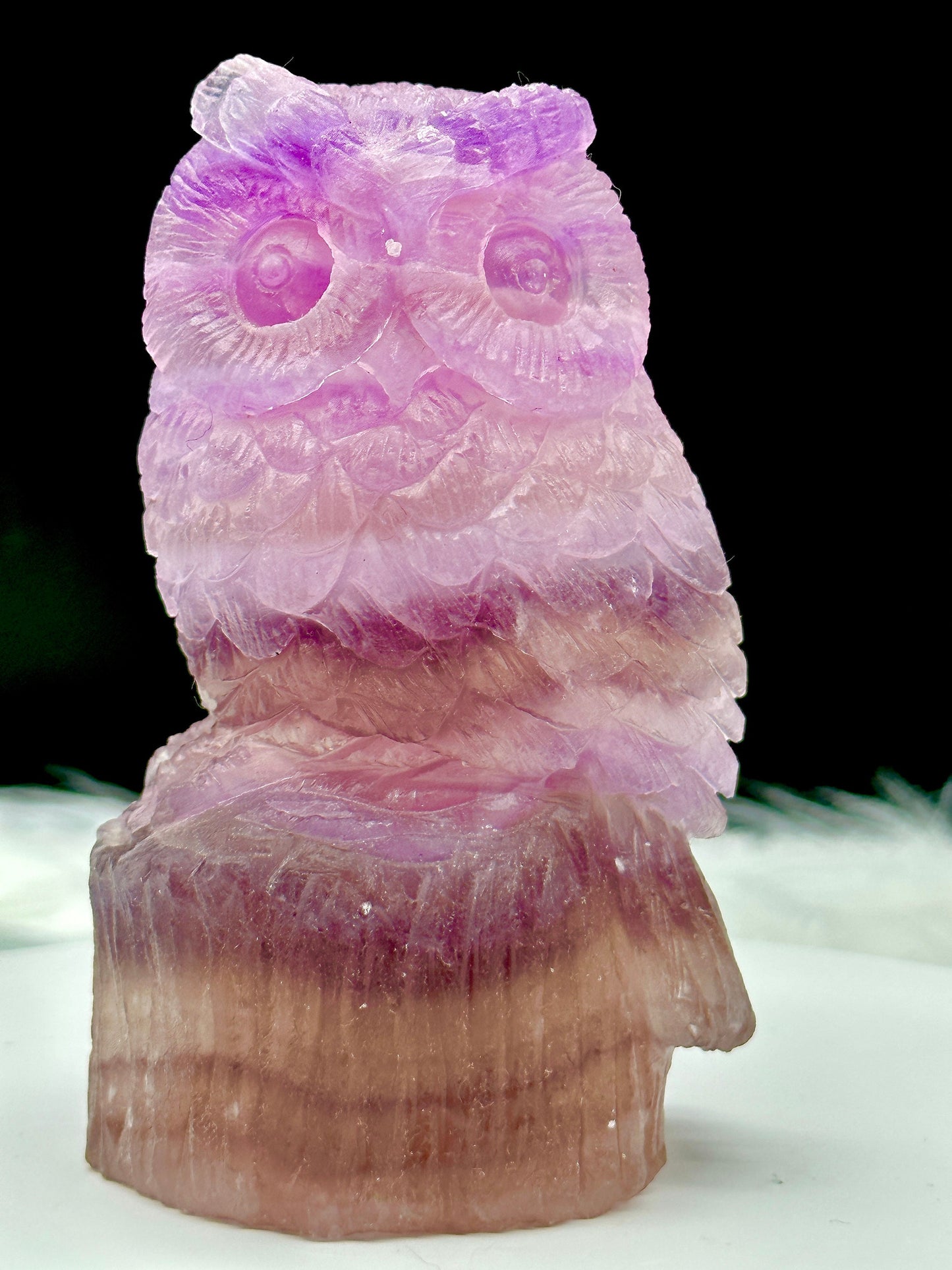 Handcarved gemstone natural purple fluorite crystal owl figurine animal carving