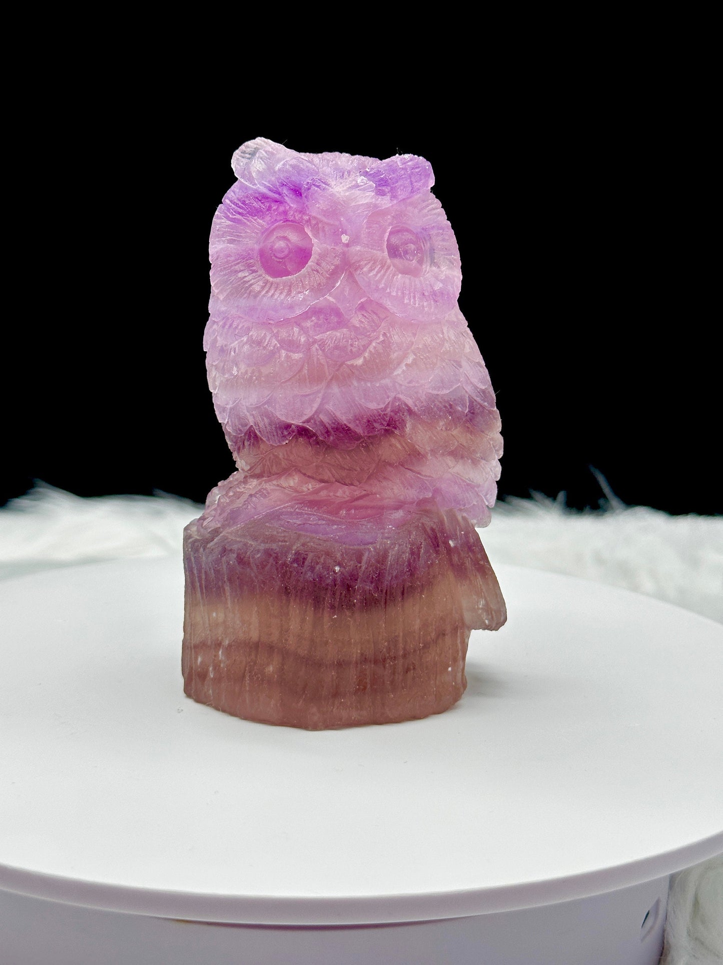 Handcarved gemstone natural purple fluorite crystal owl figurine animal carving