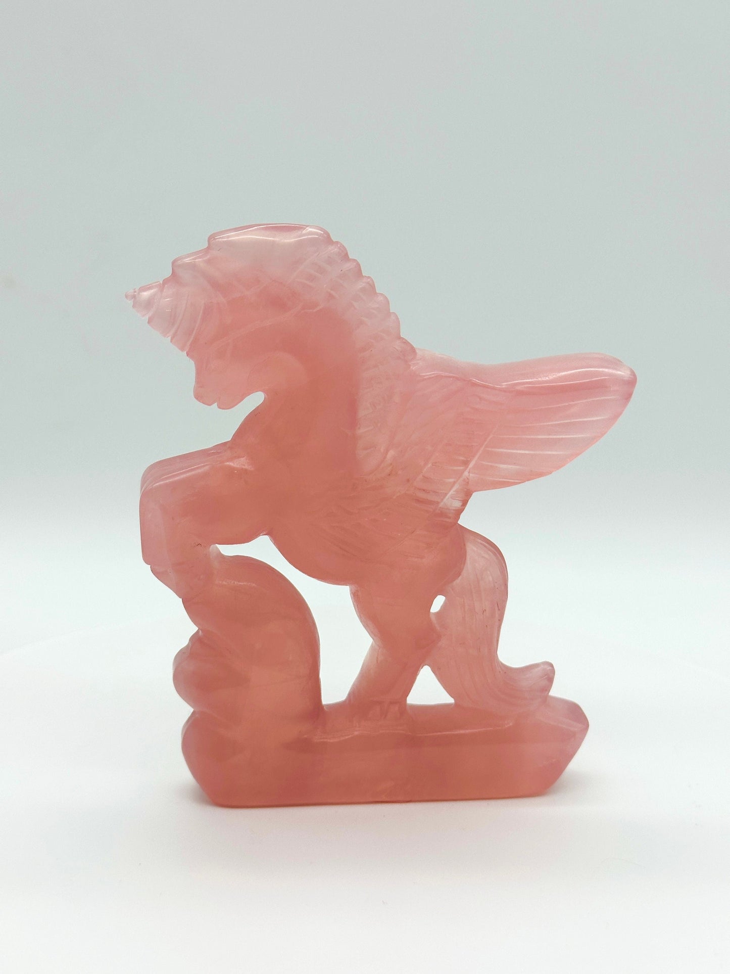 Rose Quartz Flying Unicorn Carving, Rose Quartz Unicorn carving, 5.2 inches tall