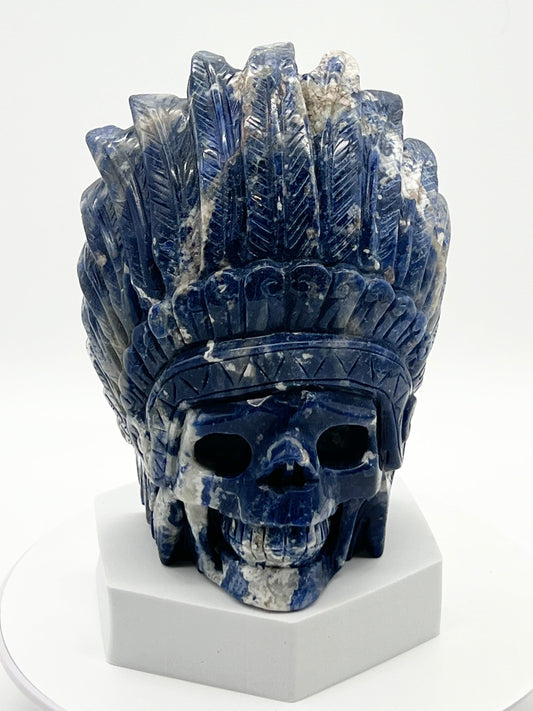 Beautiful large Sodalite Indian Skull, Sodalite Crystal Indian Skull Head Figurine Hand Carved, Sodalite Skull, 8 inches tall