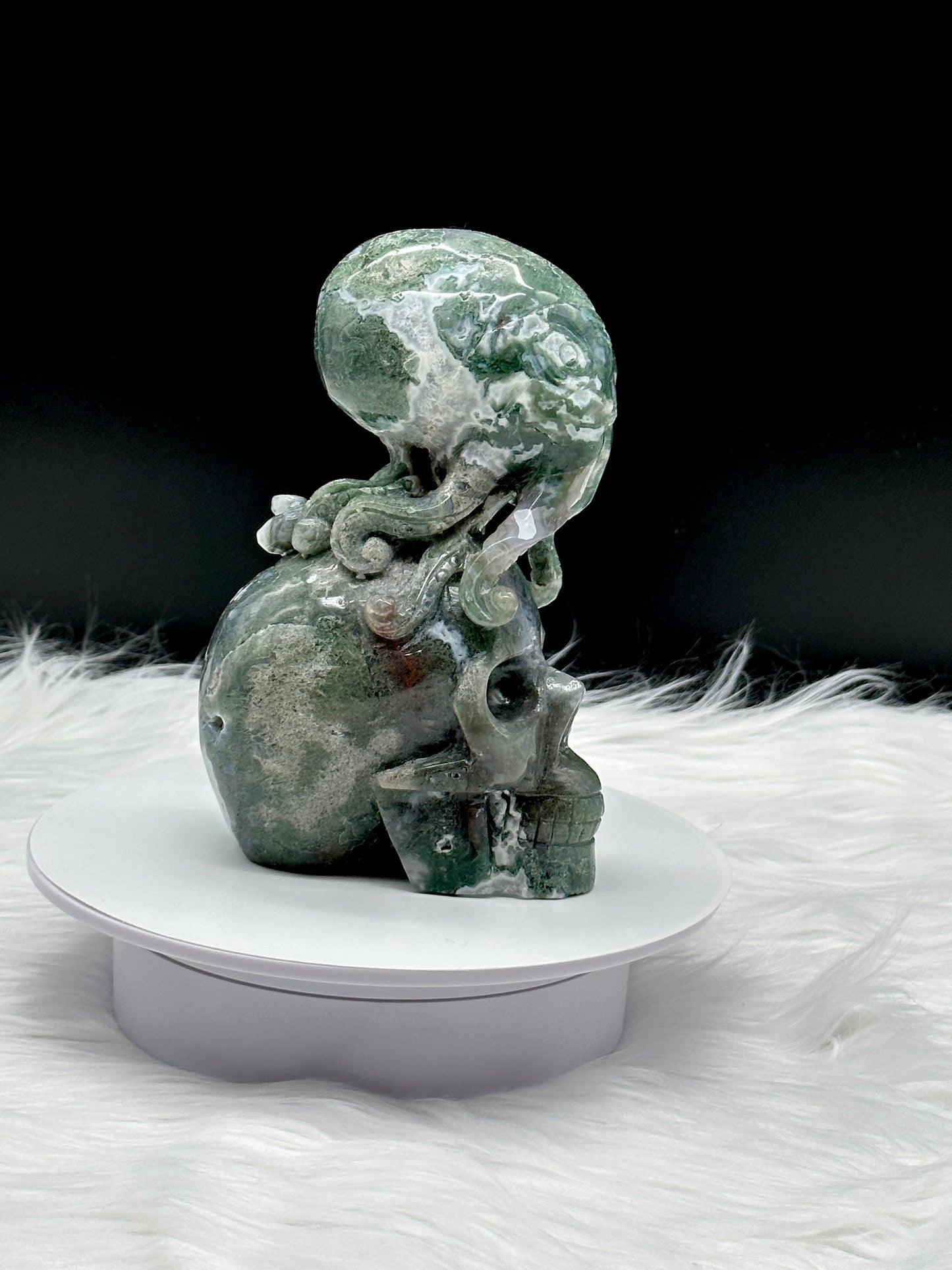 Moss Agate Skull with Octopus - Moss agate skull - Moss agate carvings - 9 inches