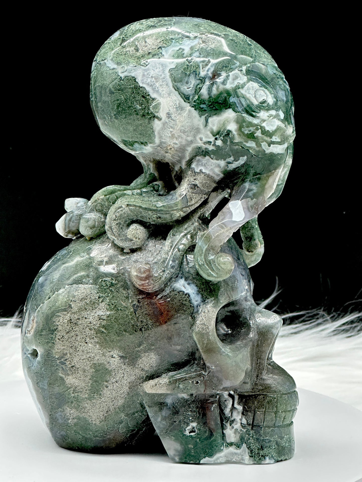 Moss Agate Skull with Octopus - Moss agate skull - Moss agate carvings - 9 inches