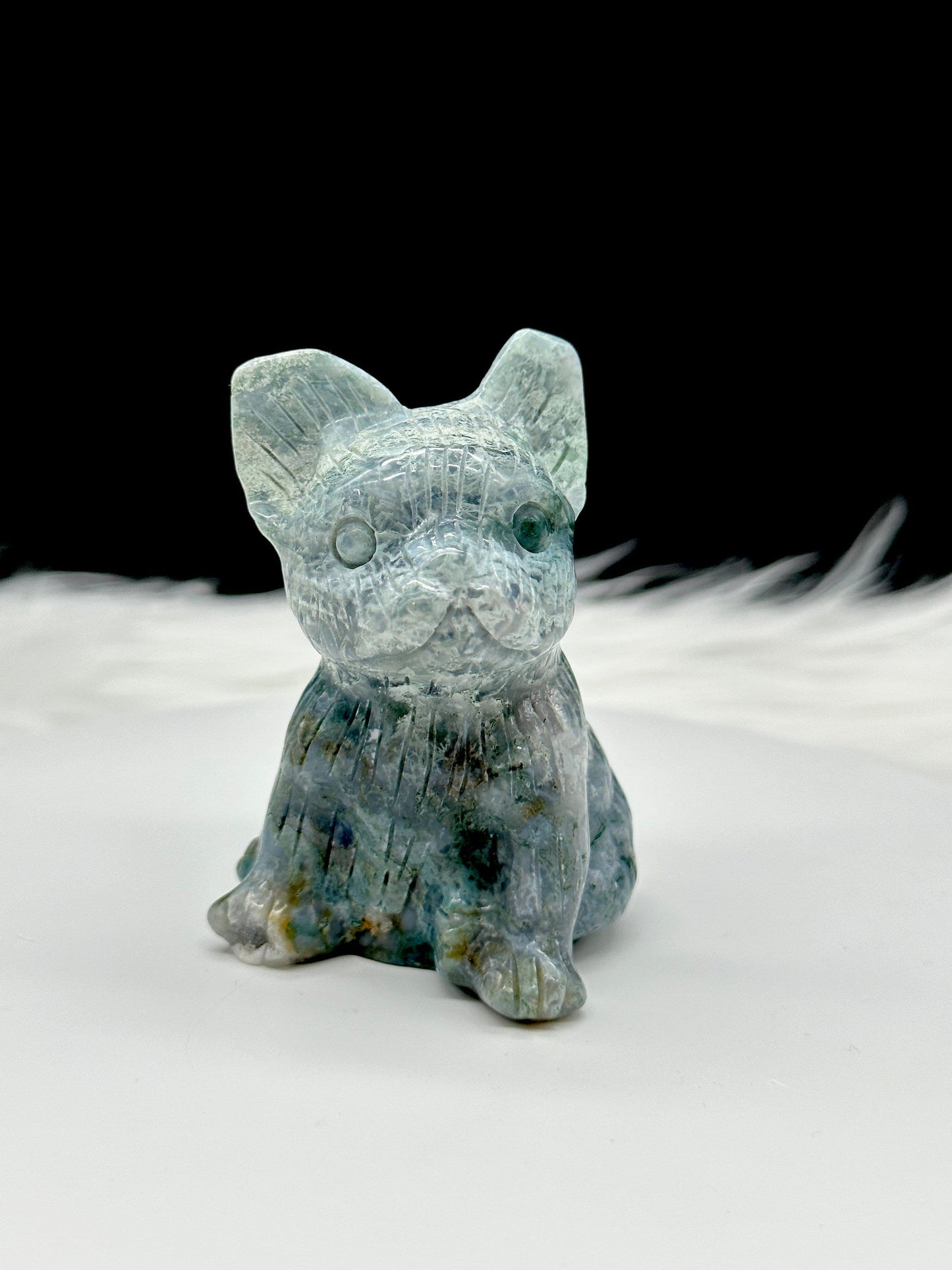 Moss Agate French Bull Dog Carving, Moss Agate Dog, Moss Agate Frenchie French Bulldog Dog Carving,Metaphysical Healing and Home Decor