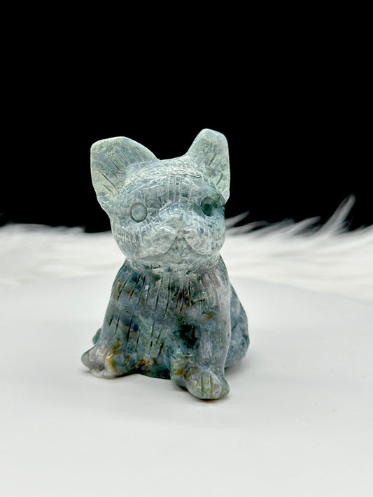 Moss Agate French Bull Dog Carving, Moss Agate Dog, Moss Agate Frenchie French Bulldog Dog Carving,Metaphysical Healing and Home Decor