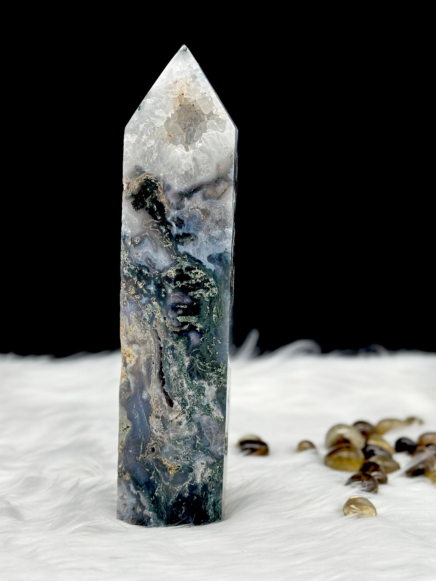 XL Druzy Blue Moss Agate Tower , Moss Agate Point