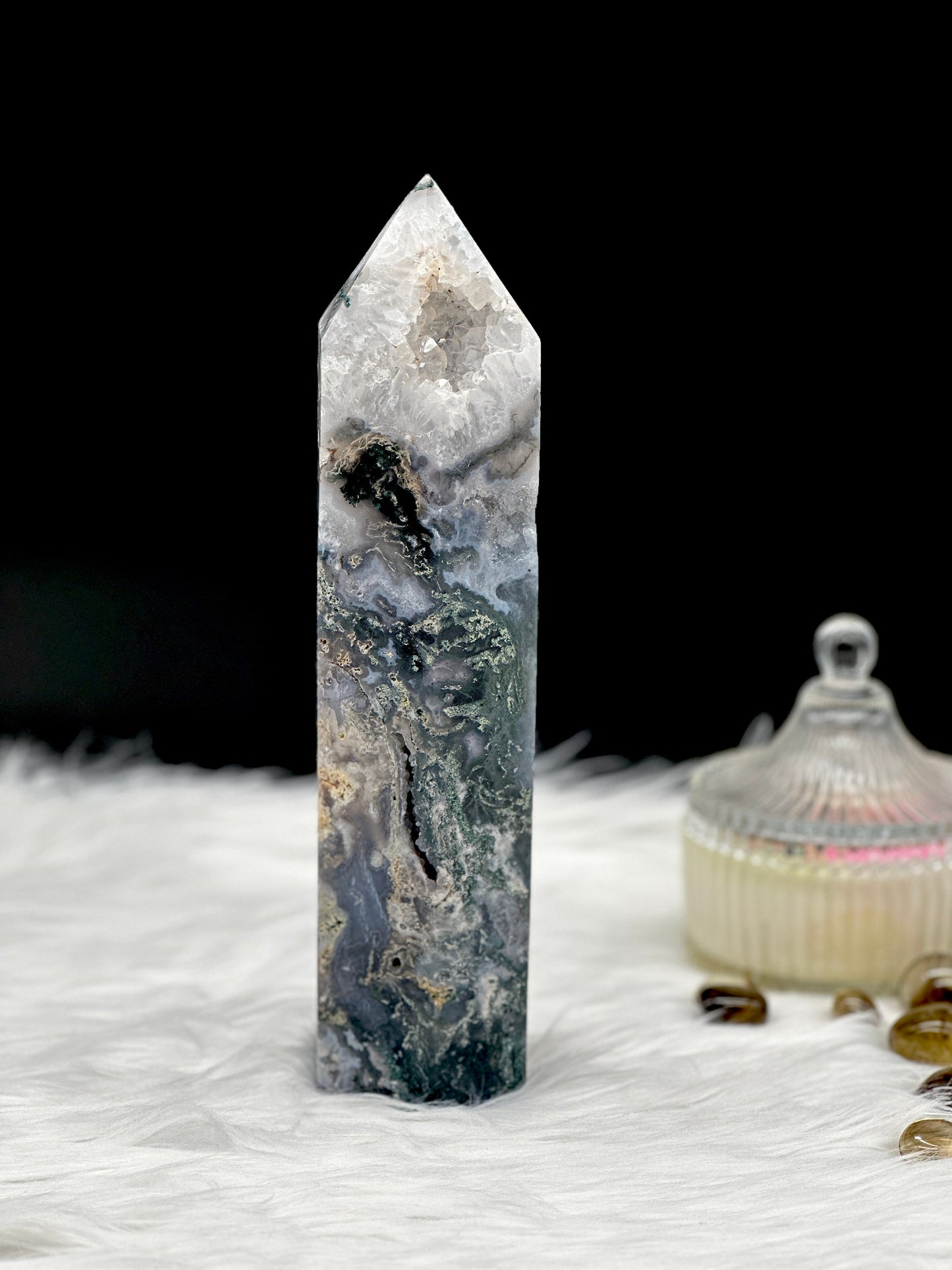 XL Druzy Blue Moss Agate Tower , Moss Agate Point