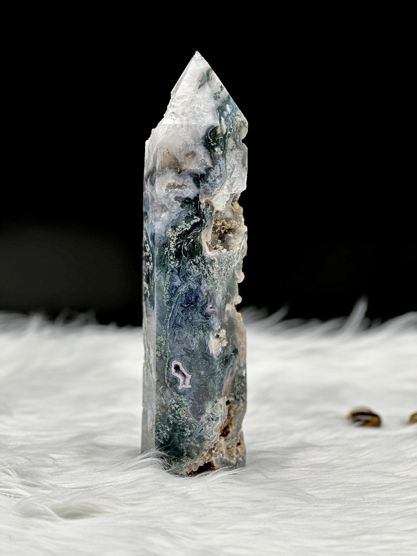 XL Druzy Blue Moss Agate Tower , Moss Agate Point