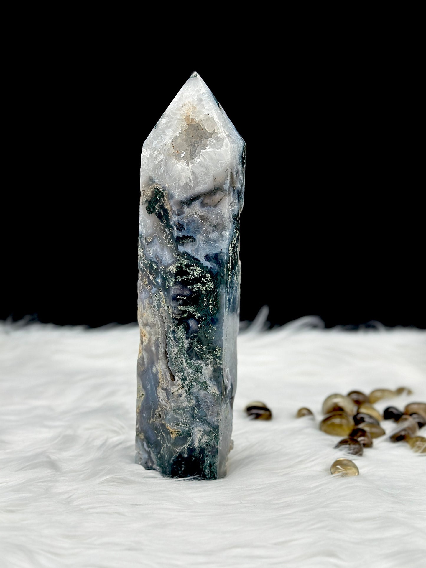 XL Druzy Blue Moss Agate Tower , Moss Agate Point