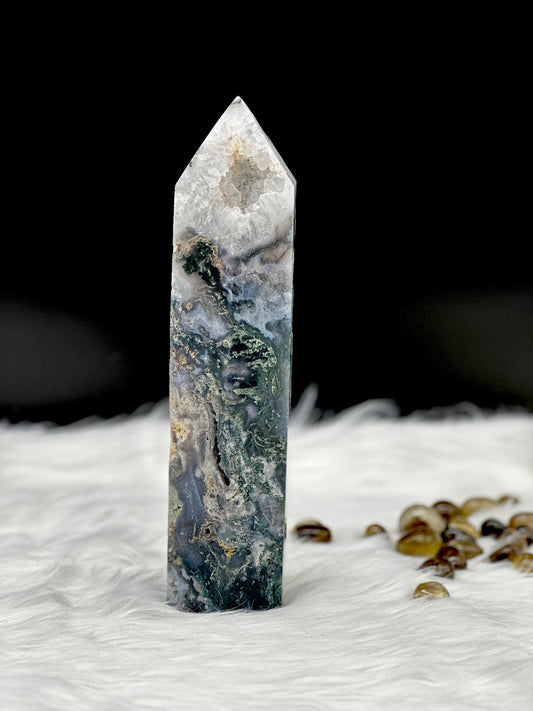 XL Druzy Blue Moss Agate Tower , Moss Agate Point