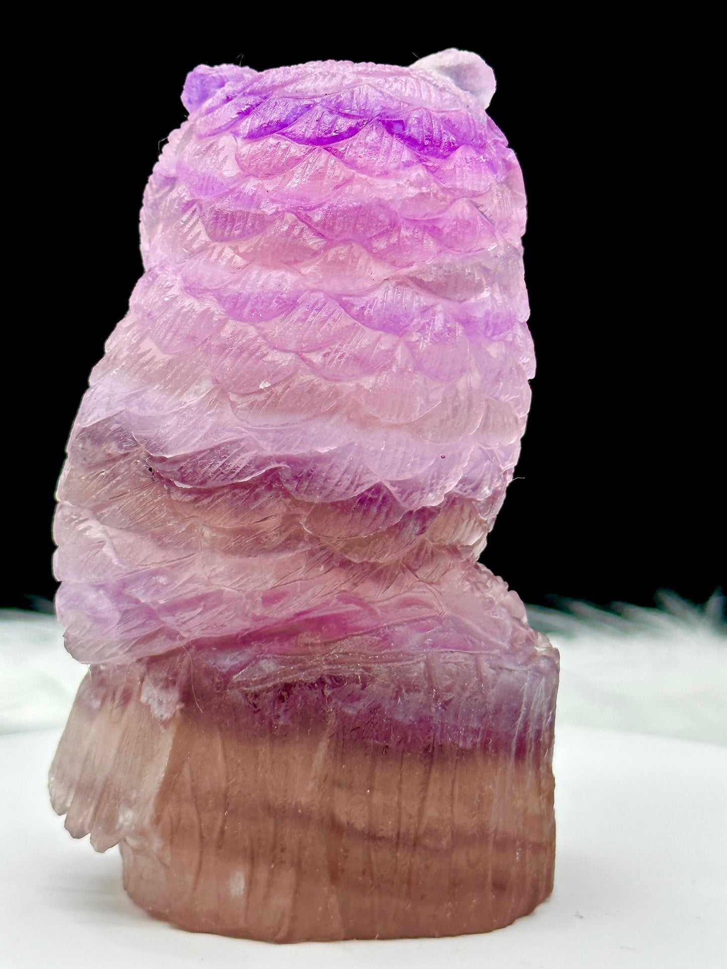 Handcarved gemstone natural purple fluorite crystal owl figurine animal carving