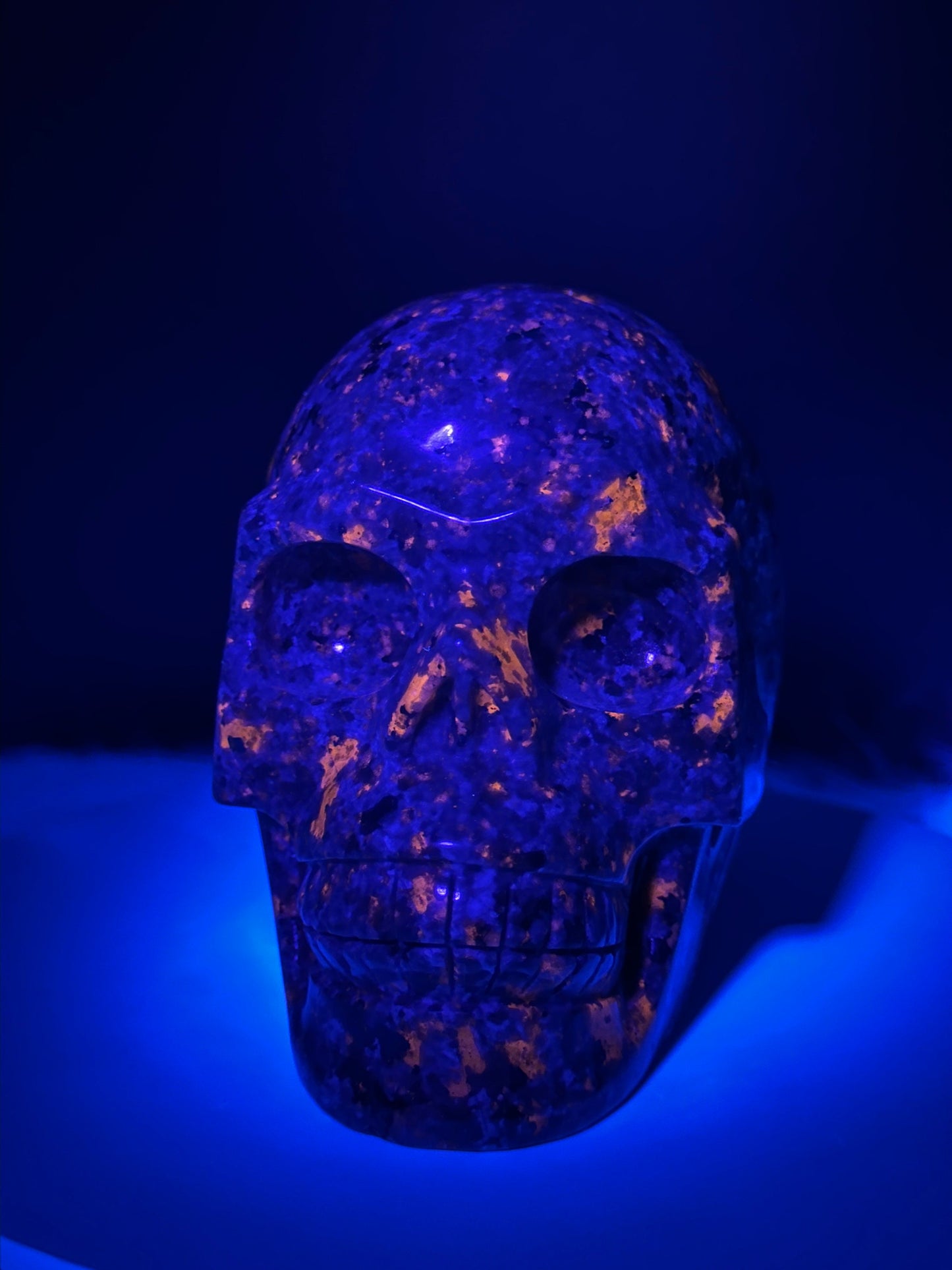 5.1" Yooperlite Hand Carved Gemstone Skull, Crystal Skull, UV Reactive Yooperlite Skull