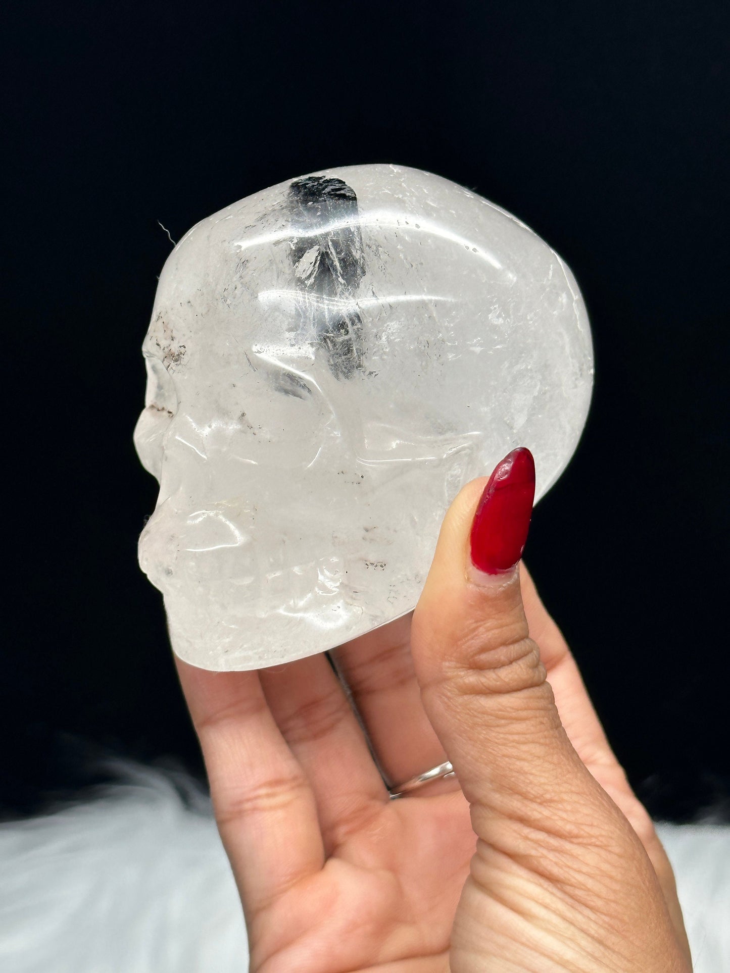 Black Tourmaline in Quartz Crystal Skull Carving, Tourmalinated Clear Quartz Skull