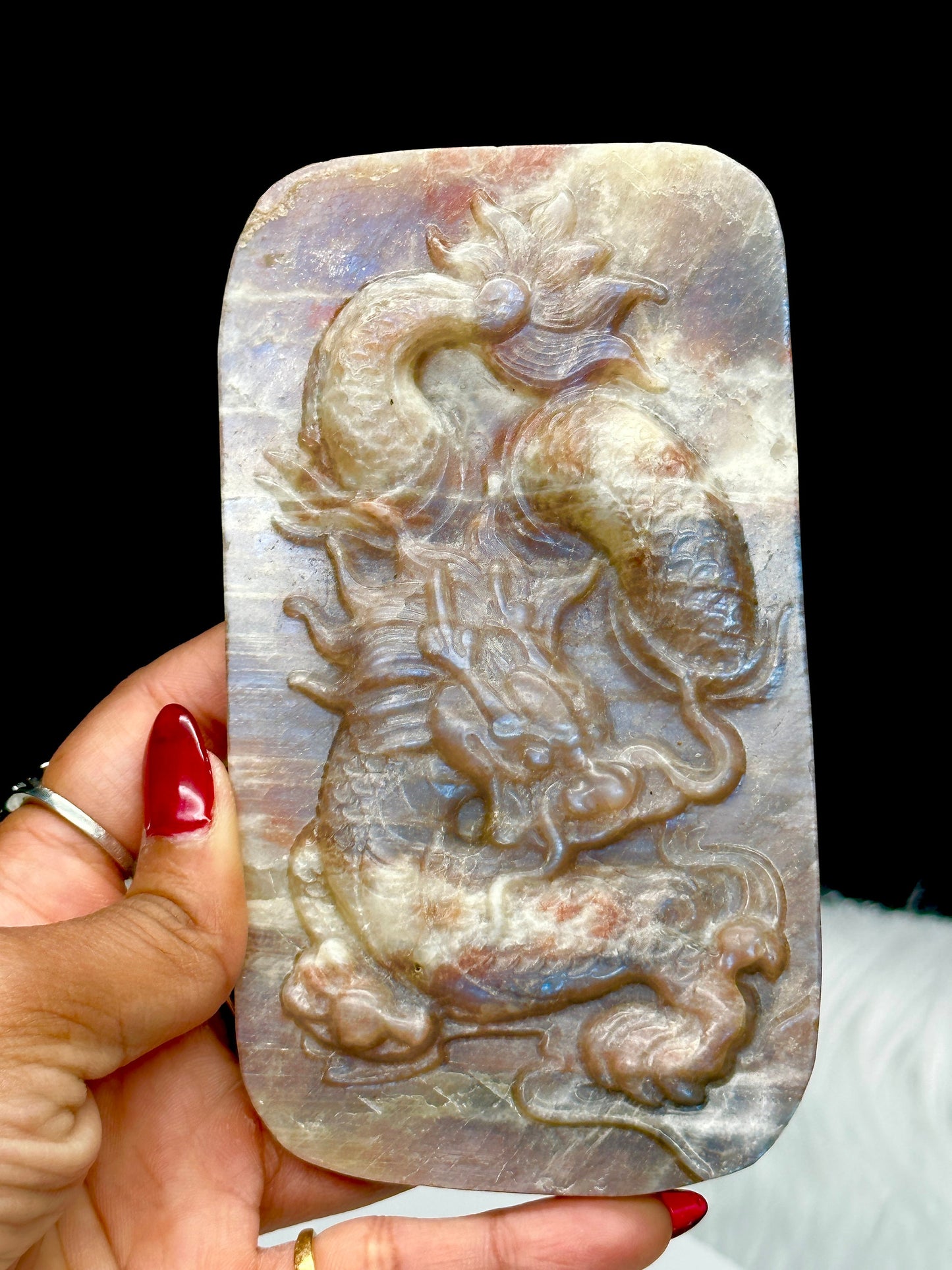 Beautiful Moonstone And Sunstone Dragon Carving with blue flash