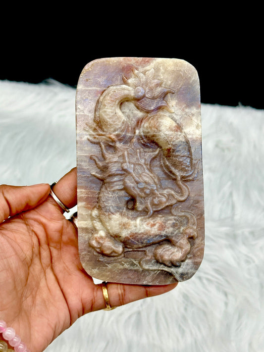 Beautiful Moonstone And Sunstone Dragon Carving with blue flash