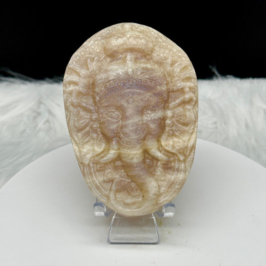 Sunstone and Moonstone Ganesha Carving, Moonstone Slab with Ganesha Carving