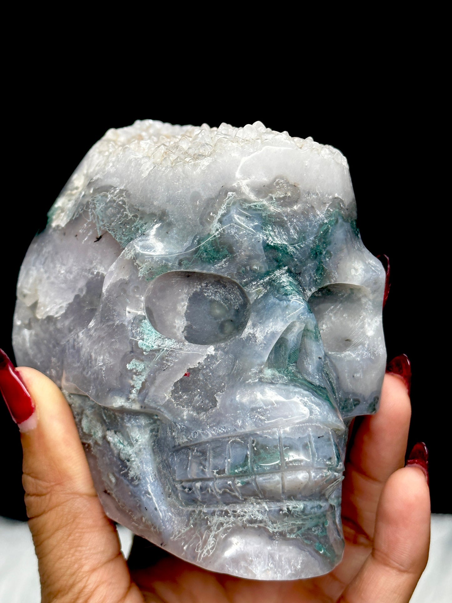 Sparkly Large Moss Agate Crystal Skull, Druzy Moss Agate Skull, Moss Agate Carved Crystal Skull, Super Realistic