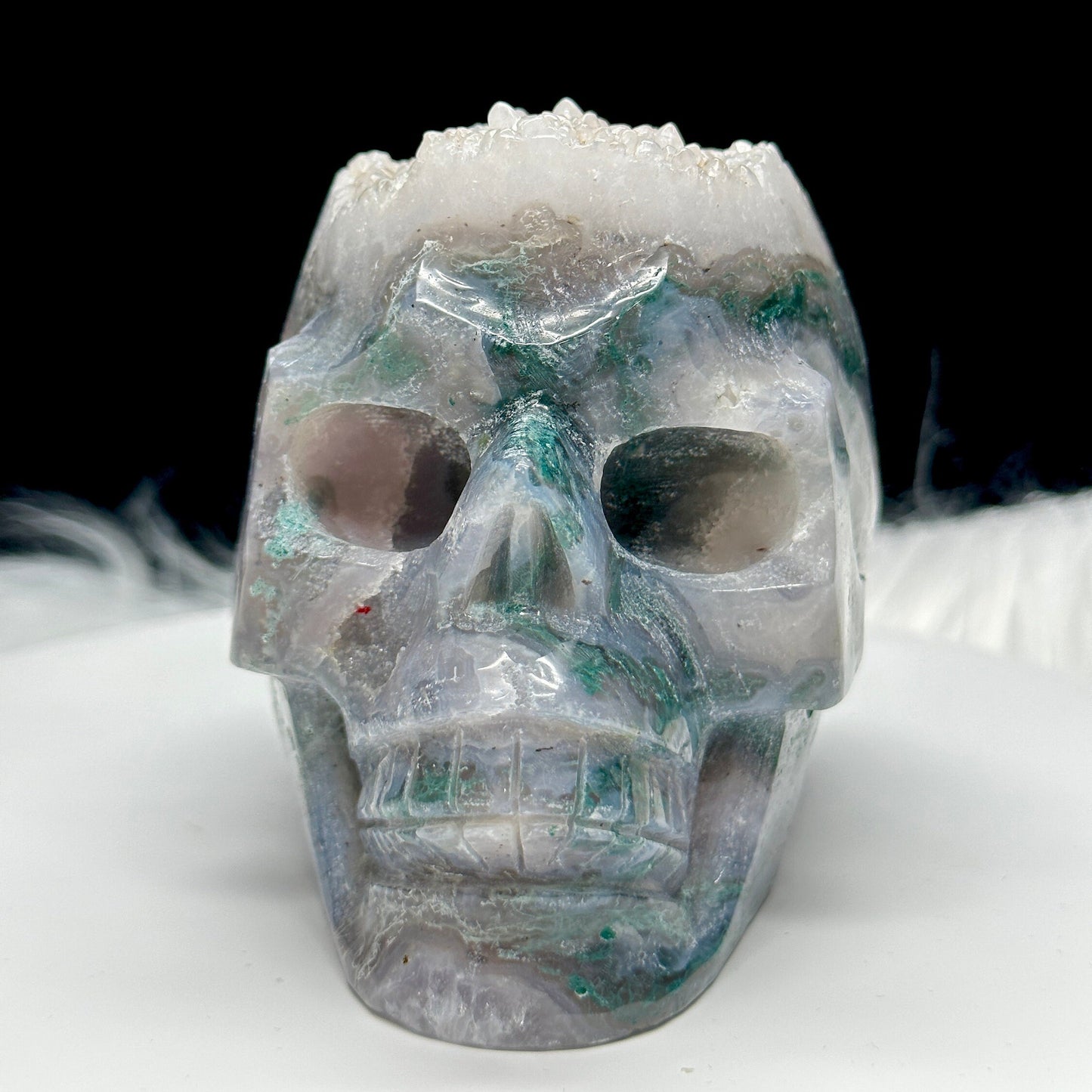 Sparkly Large Moss Agate Crystal Skull, Druzy Moss Agate Skull, Moss Agate Carved Crystal Skull, Super Realistic