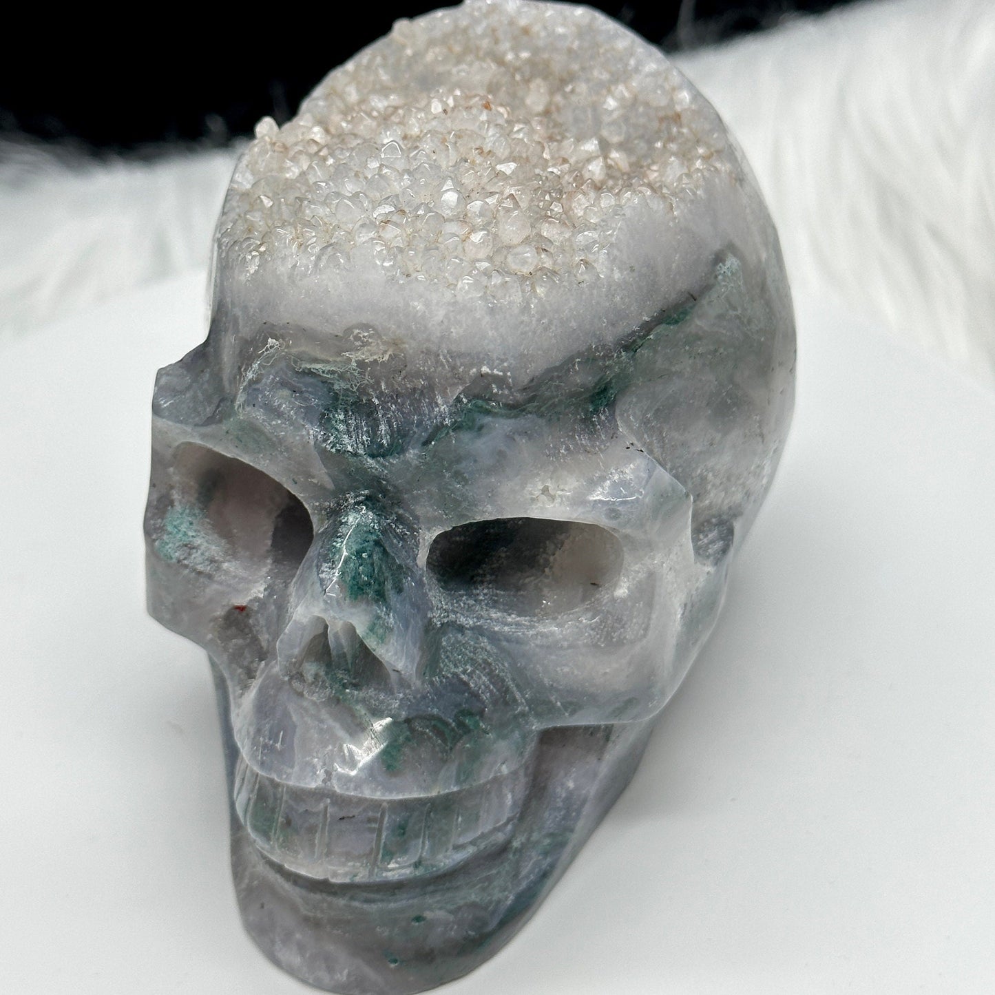 Sparkly Large Moss Agate Crystal Skull, Druzy Moss Agate Skull, Moss Agate Carved Crystal Skull, Super Realistic