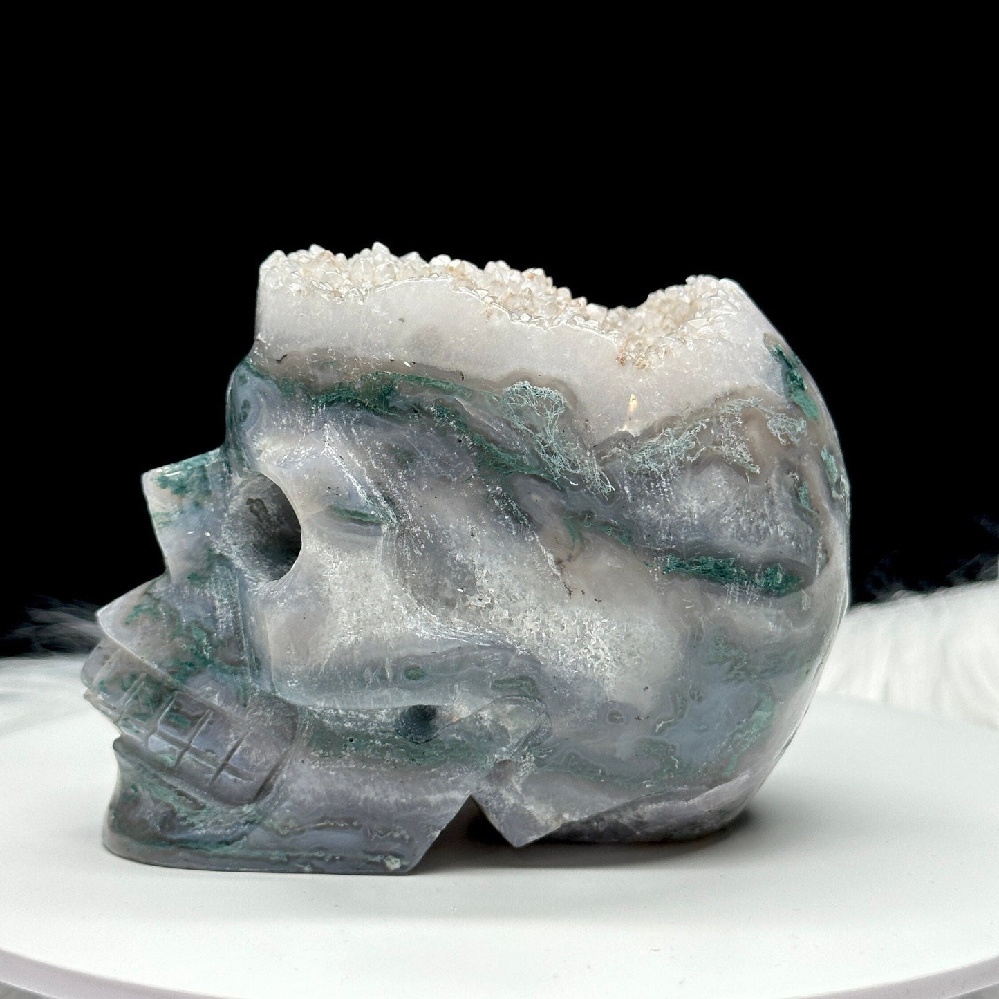 Sparkly Large Moss Agate Crystal Skull, Druzy Moss Agate Skull, Moss Agate Carved Crystal Skull, Super Realistic