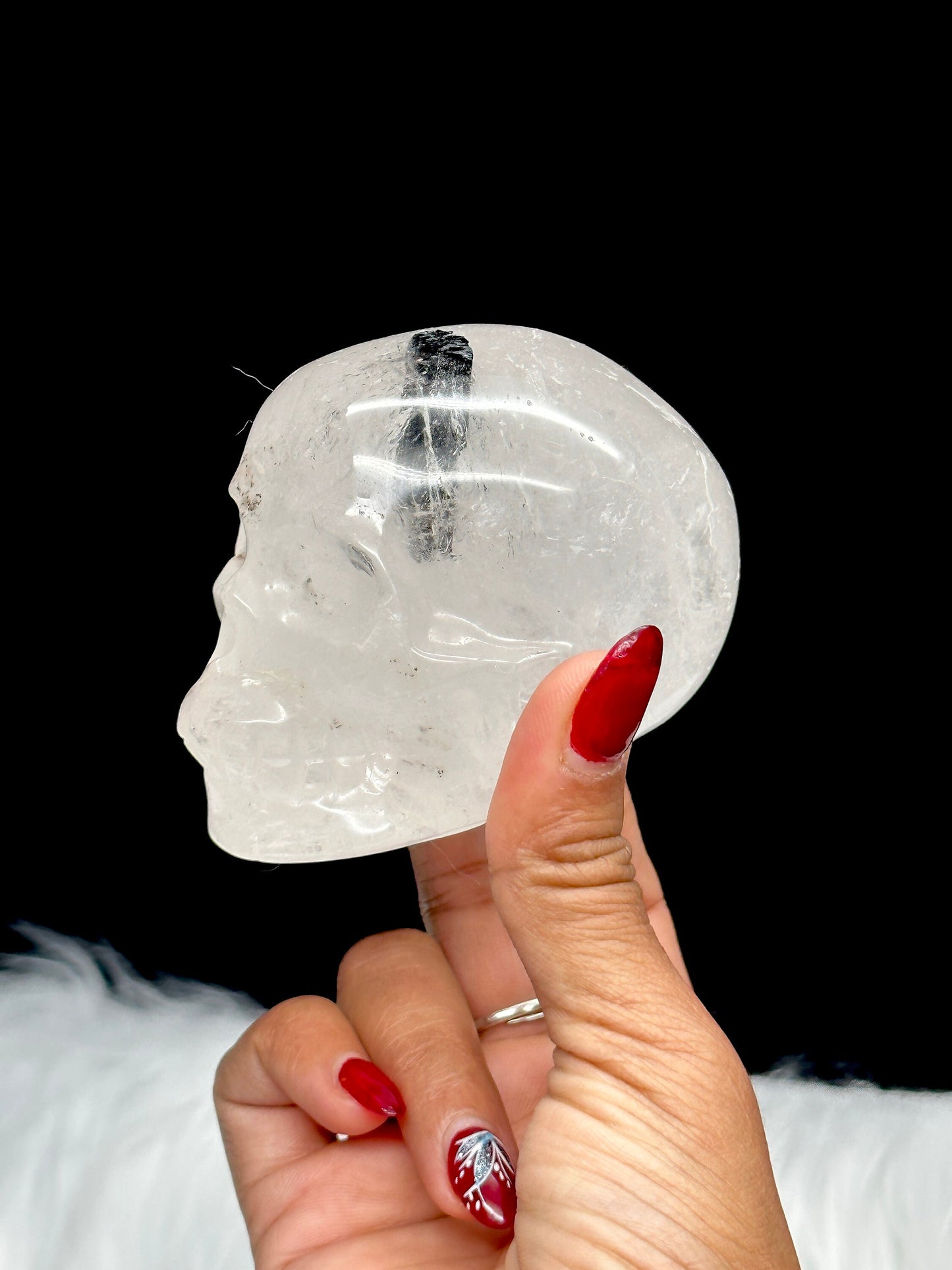 Black Tourmaline in Quartz Crystal Skull Carving, Tourmalinated Clear Quartz Skull