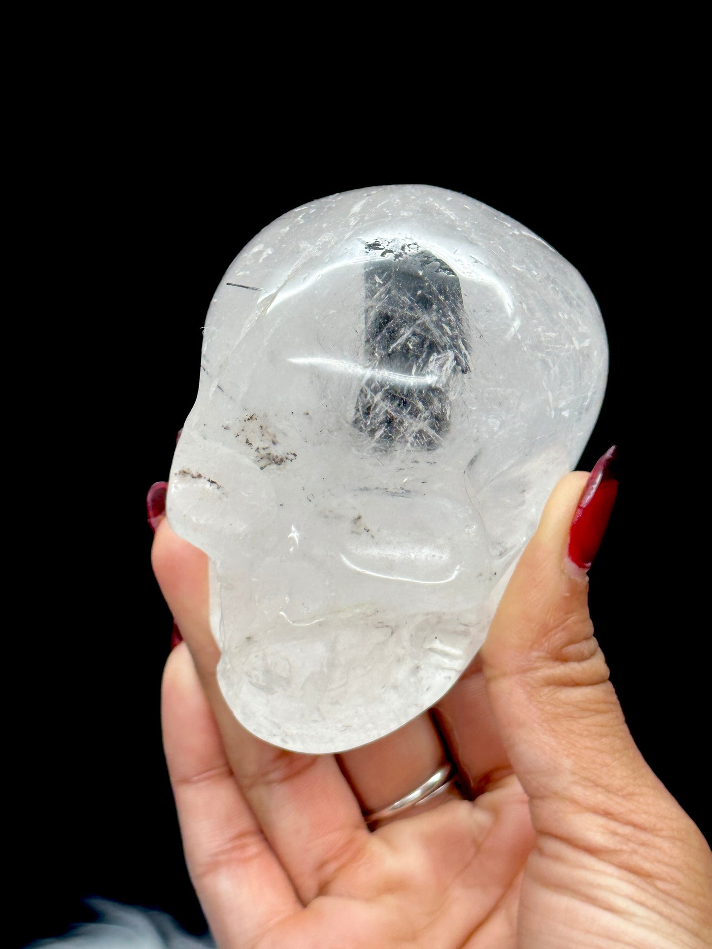 Black Tourmaline in Quartz Crystal Skull Carving, Tourmalinated Clear Quartz Skull