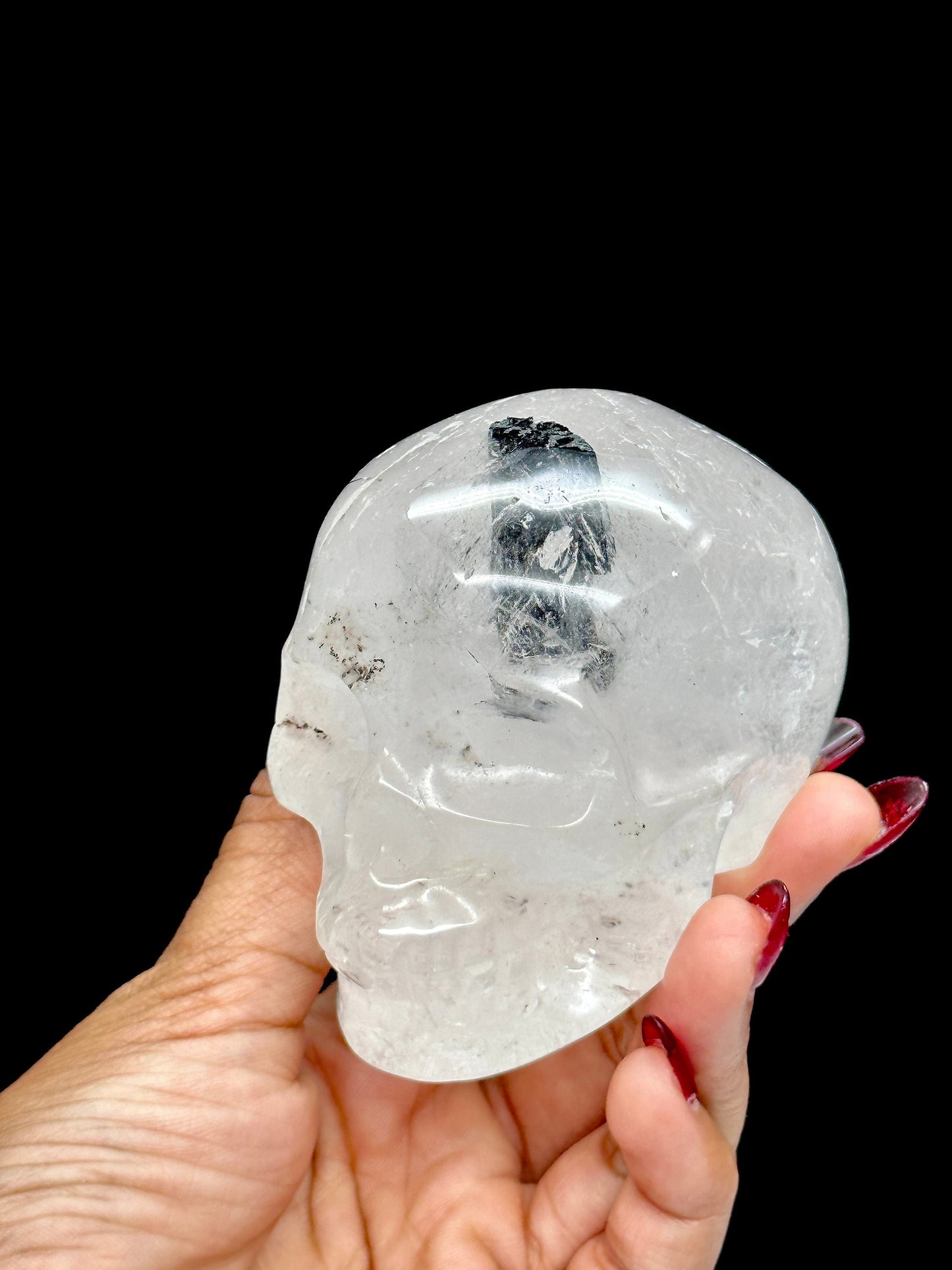 Black Tourmaline in Quartz Crystal Skull Carving, Tourmalinated Clear Quartz Skull