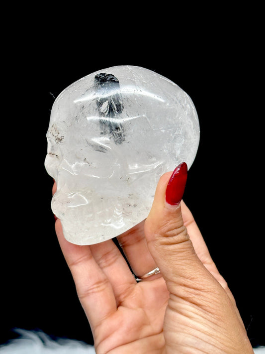 Black Tourmaline in Quartz Crystal Skull Carving, Tourmalinated Clear Quartz Skull