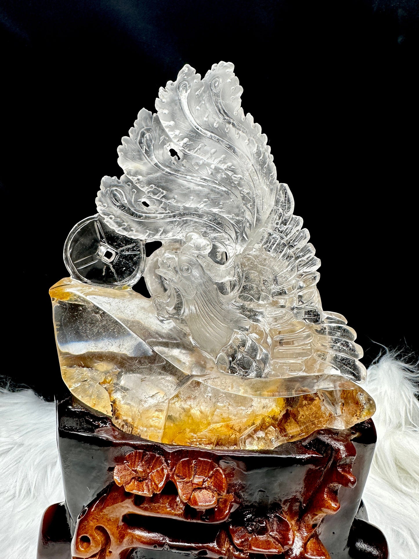 Museum grade clear quartz with golden healer Phoenix Carving, hand carved, home decor, good luck charm, fengshui