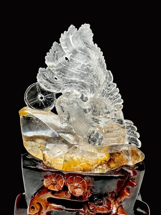 Clear Quartz Golden Healer Phoenix Carving | Museum Grade | 18" Hand Carved Feng Shui Sculpture