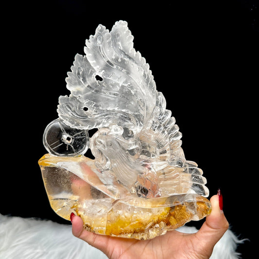 Museum grade clear quartz with golden healer Phoenix Carving, hand carved, home decor, good luck charm, fengshui