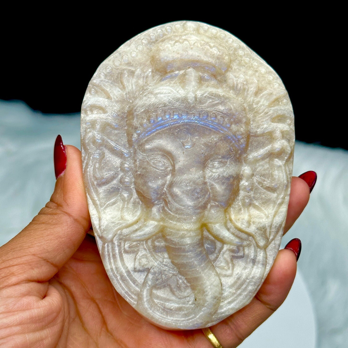 Sunstone and Moonstone Ganesha Carving, Moonstone Slab with Ganesha Carving