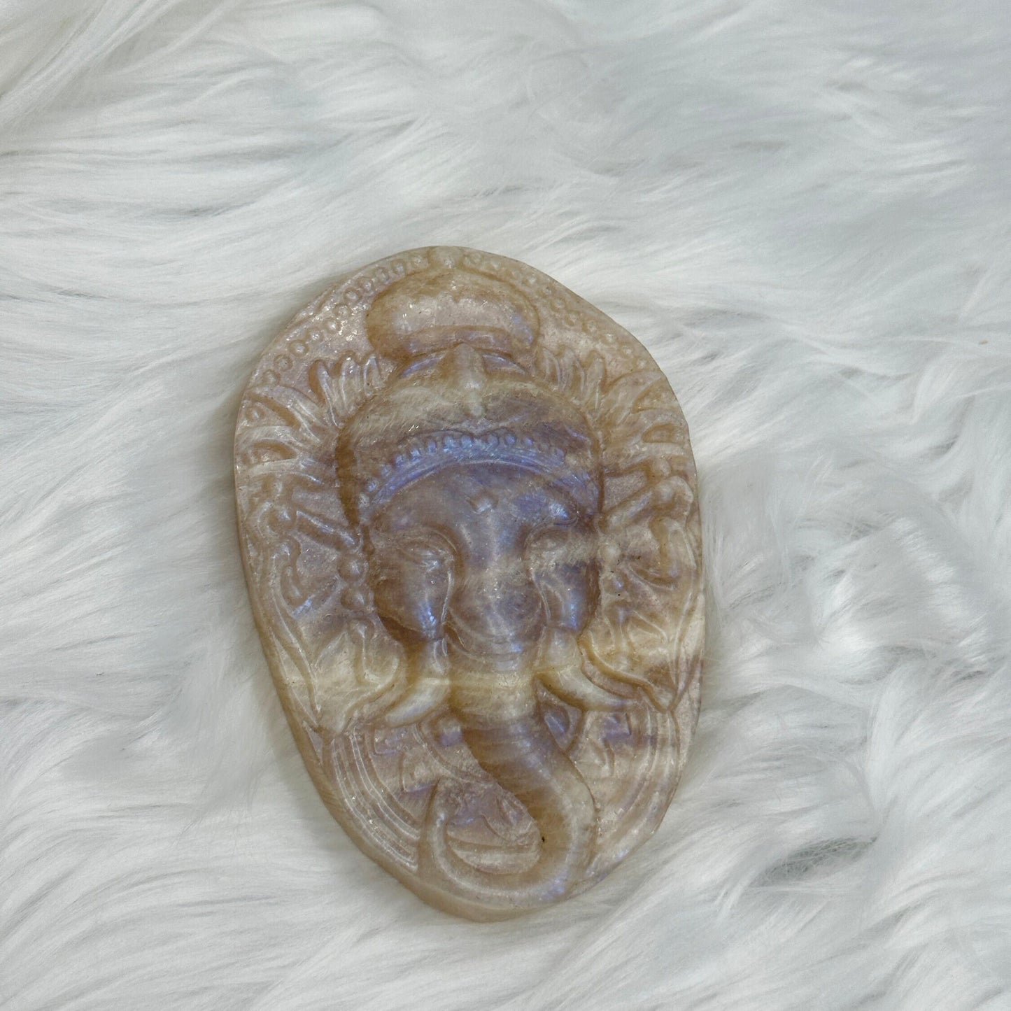 Sunstone and Moonstone Ganesha Carving, Moonstone Slab with Ganesha Carving