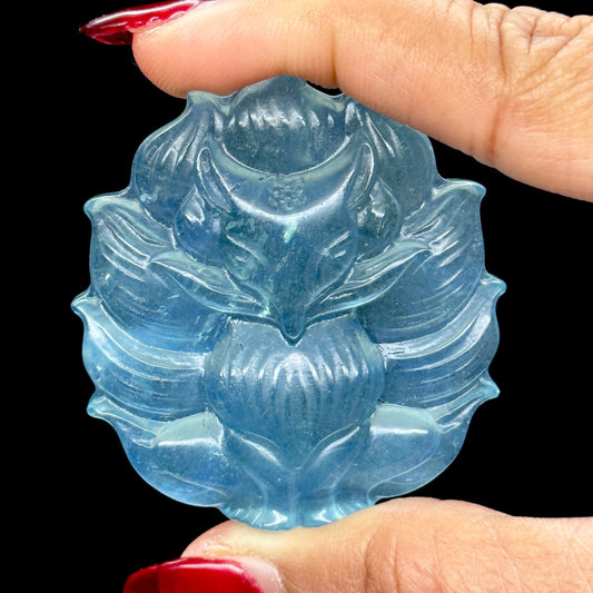 Gemstone Grade Aquamarine Nine Tail Fox Carving, Aquamarine, Natural High Grade Aquamarine Hand Carved Fox