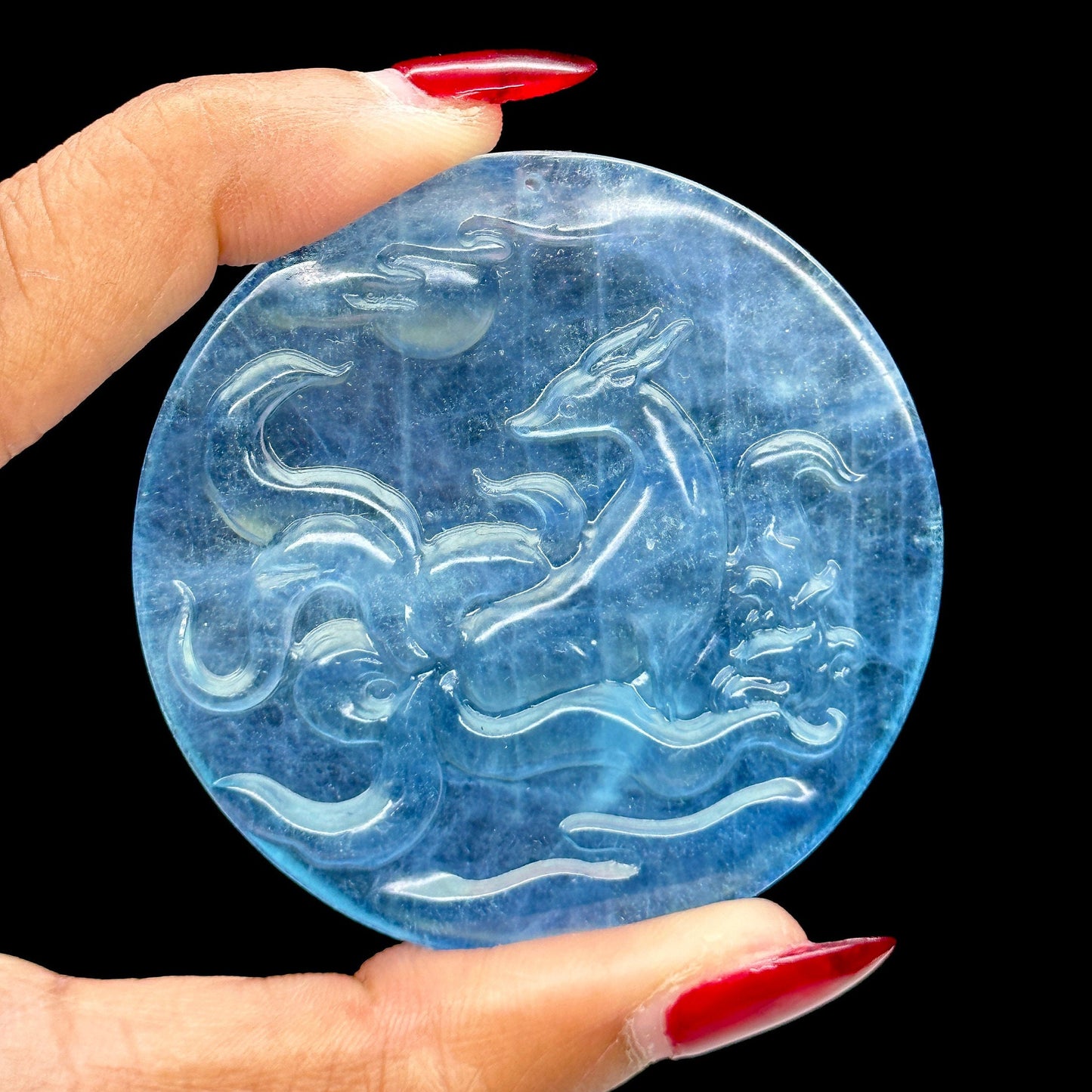 Gem Natural Aquamarine Nine Tail Fox Carving, Aquamarine Nine Tailed Fox Carved Pendant